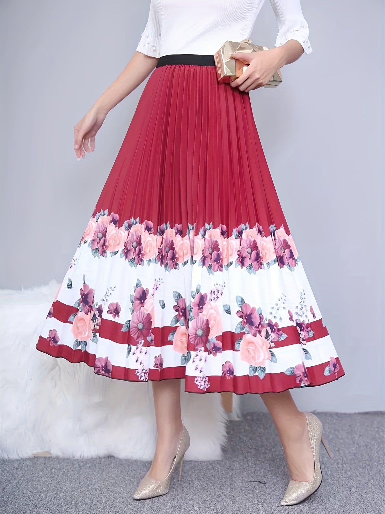 Floral Print Elastic Waist A-line Skirt Plus Size