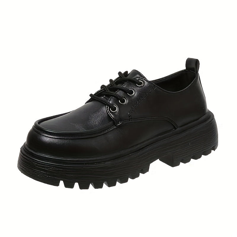 Women's Chunky Heel Loafers Lace Up Faux Leather Comfortable Walking Shoes
