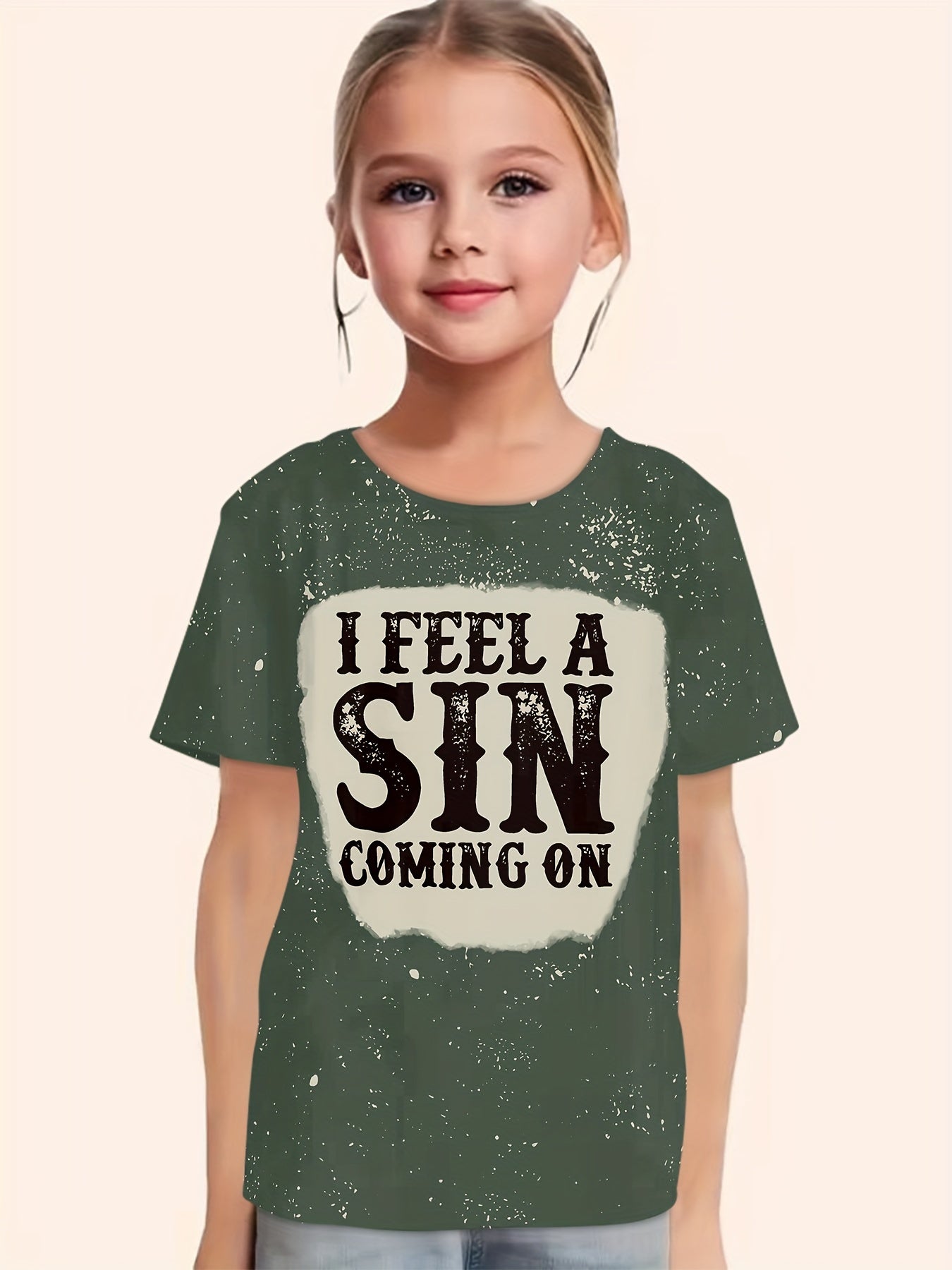 I FEEL A SIN COMING ON Print Short Sleeve T shirt Girls Comfy Pullover