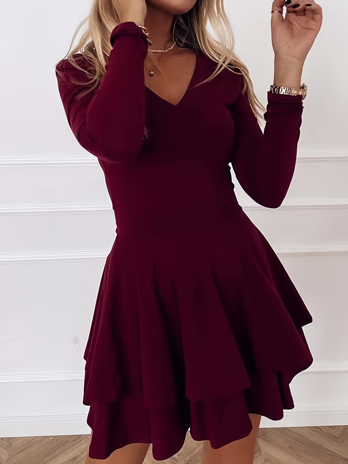 Solid Long Sleeve V Neck Layered Dress