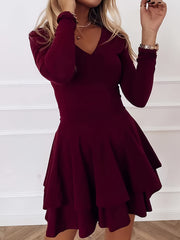 Solid Long Sleeve V Neck Layered Dress