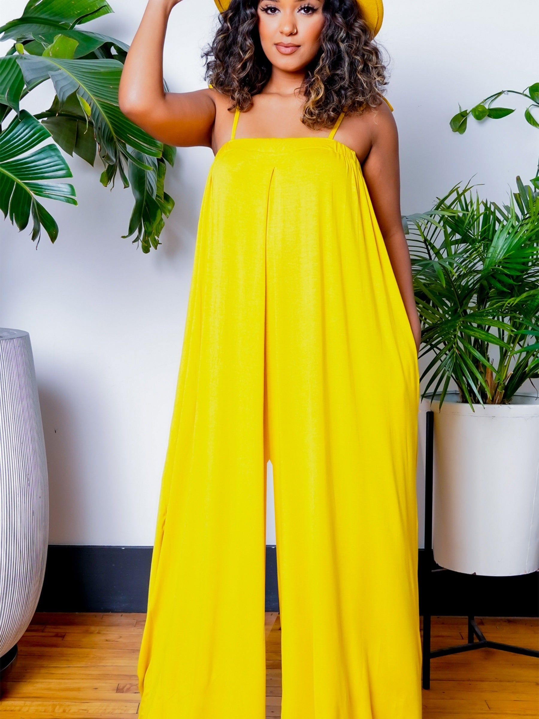 Solid Spaghetti Jumpsuit Casual Sleeveless Ruched Summer Loose Jumpsuit