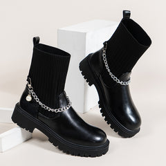 Elastic Pearl Chain Slip On Sock Boot Chunky Heel Round Head Boot