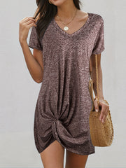 V Neck Short Sleeve Solid Dress Casual Twist Versatile Dress