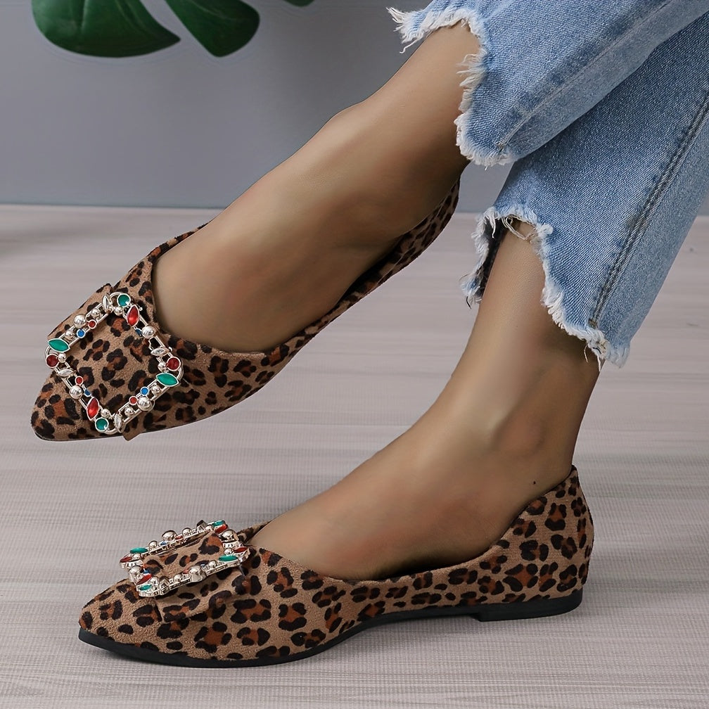 Women's Rhinestone Point Toe Slip On Leopard Print Flats