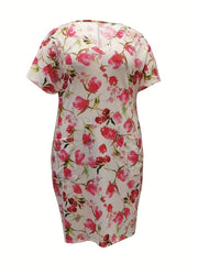 Casual Dress Women's Plus Floral Print Short Sleeve V Neck Dress