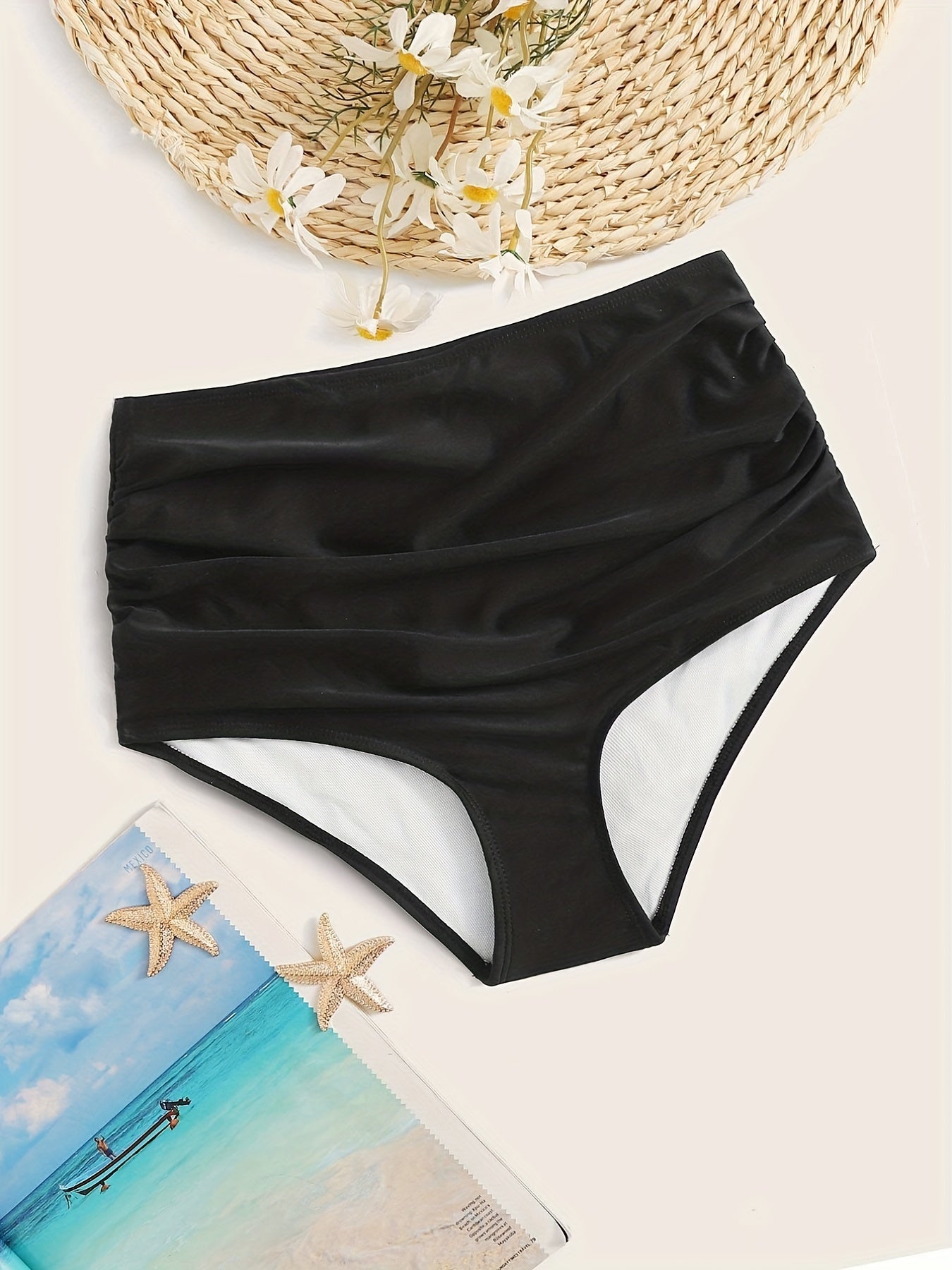 Ruched High Waist Bikini Bottoms Solid Swim Briefs Women's Swimwear