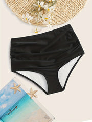 Ruched High Waist Bikini Bottoms Solid Swim Briefs Women's Swimwear