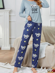 Koala Print Lounge Set Long Sleeve Top & Pants Women's Loungewear