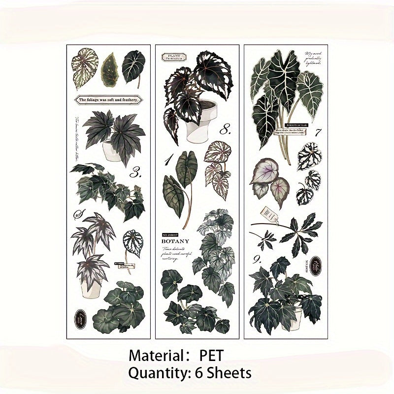 6 Sheets Retro Plant PET Stickers for Scrapbooking Decorative Collage