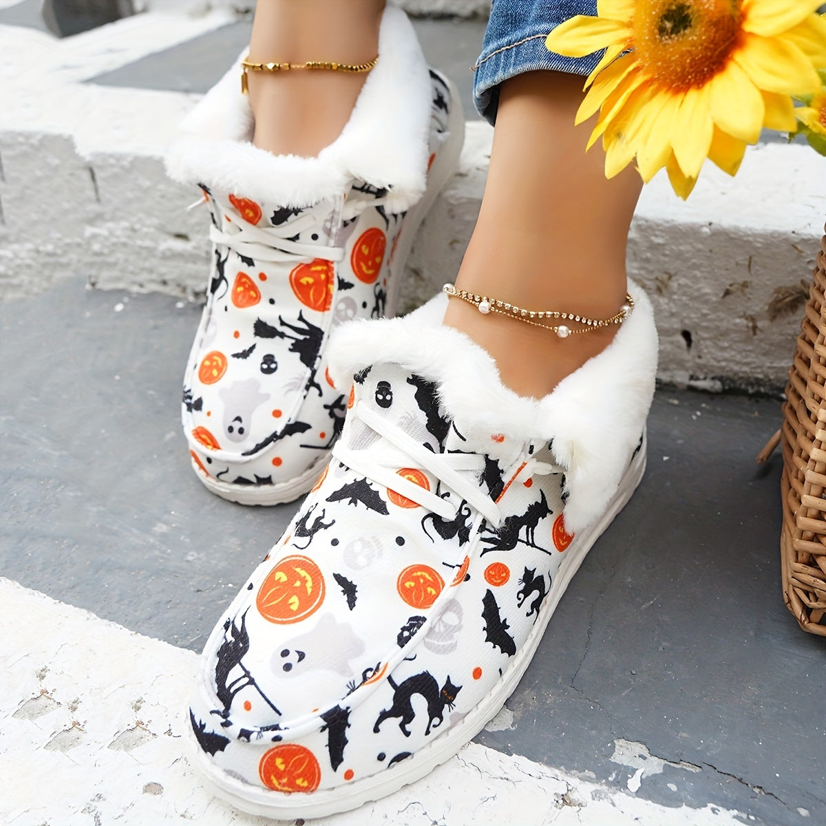Women's Pumpkin Print Snow Boots Halloween Plush Lined Warm Canvas Loafers