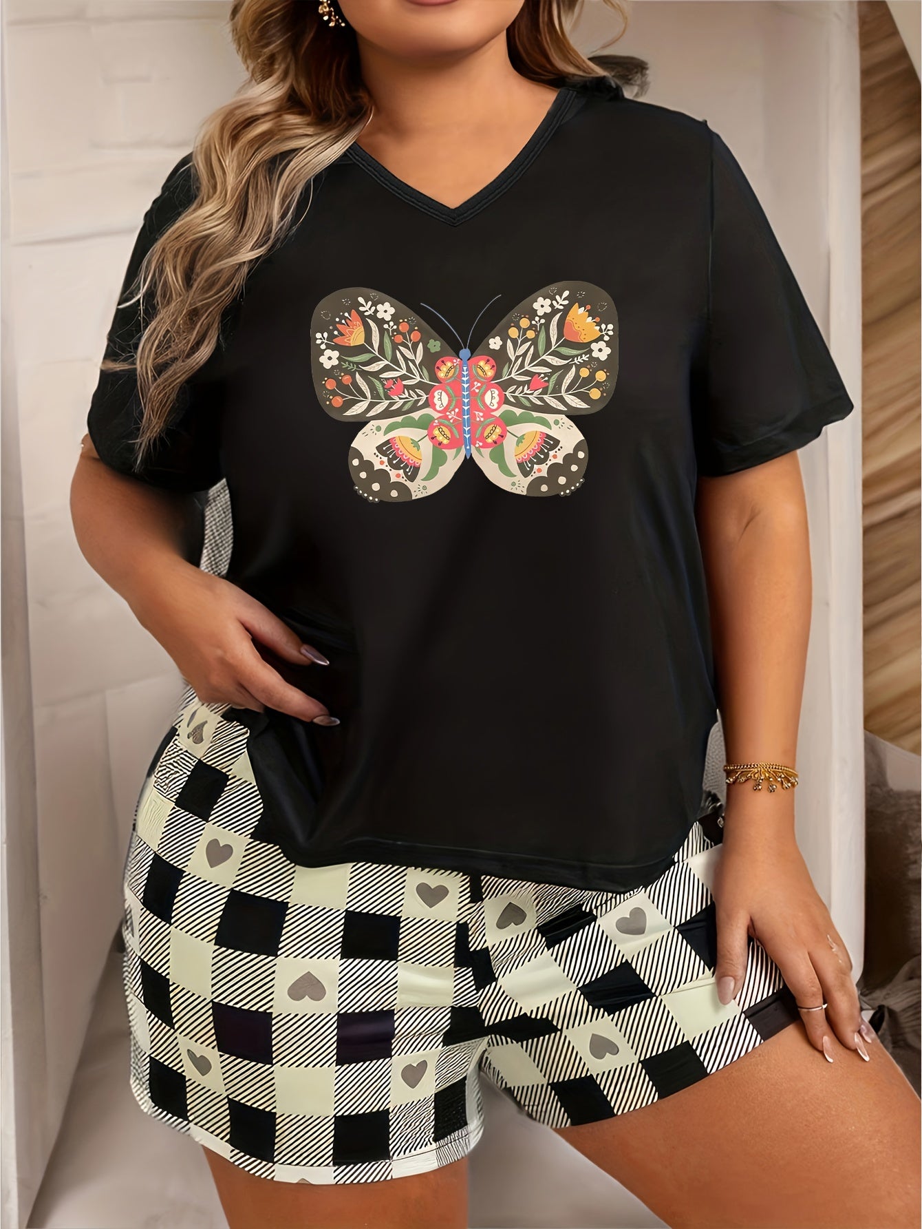 Butterfly Sunflower Print V Neck Pajama Top