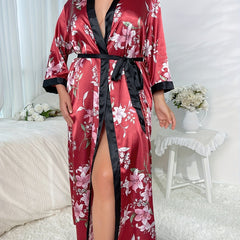Satin Floral Print Robe Long Sleeve Belted Nightgown