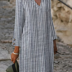 Striped Notched Neck Casual Long Sleeve Dress