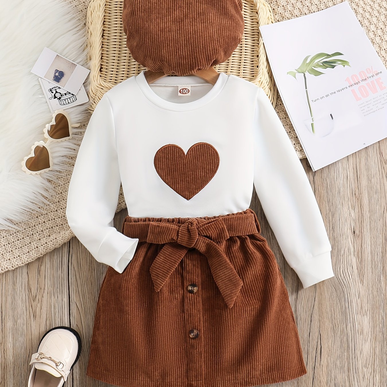 Girl's Corduroy 3pcs Heart Pattern Set Casual Outfits Spring Autumn