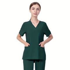 Zipper Pocket Front Scrub Tops Short Sleeve Work Tops For Nurse Women