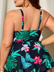 Boho Tankini Set Women's Plus Tropical Print Swimsuit Two Piece Set