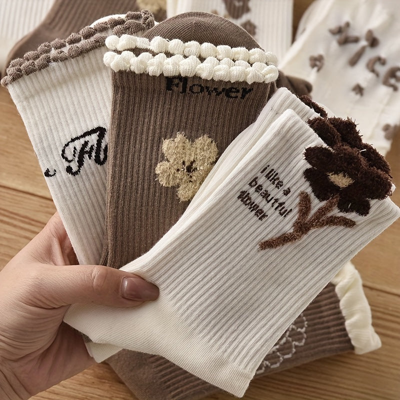 5 Pairs Floral Print Ruffle Socks Breathable Women's Stockings