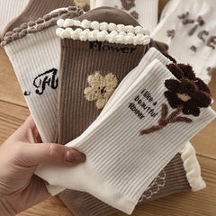 5 Pairs Floral Print Ruffle Socks Breathable Women's Stockings
