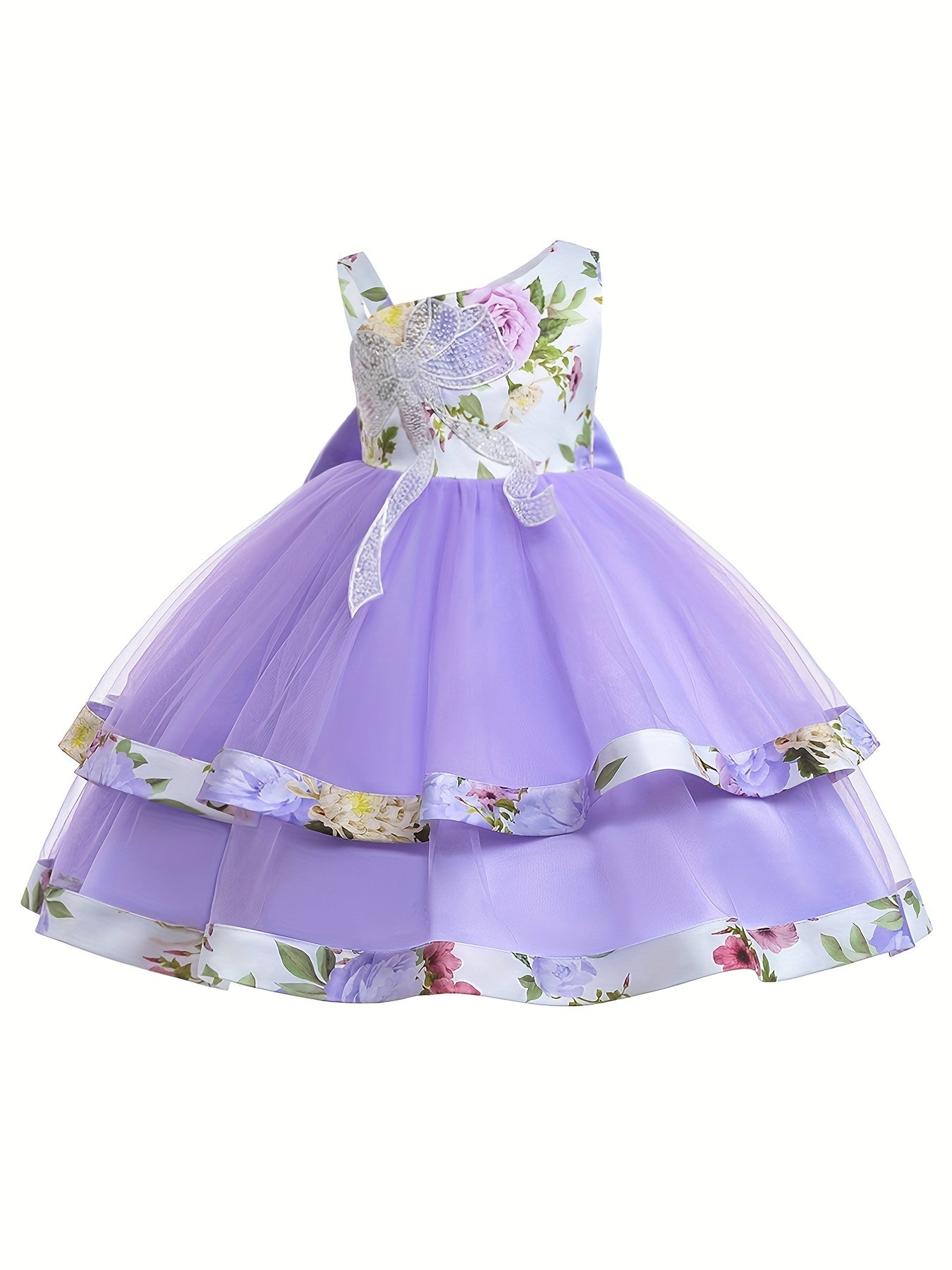 Girls Floral Princess One Shoulder Party Tutu Dress Tulle Wedding Flower Girl