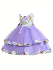 Girls Floral Princess One Shoulder Party Tutu Dress Tulle Wedding Flower Girl