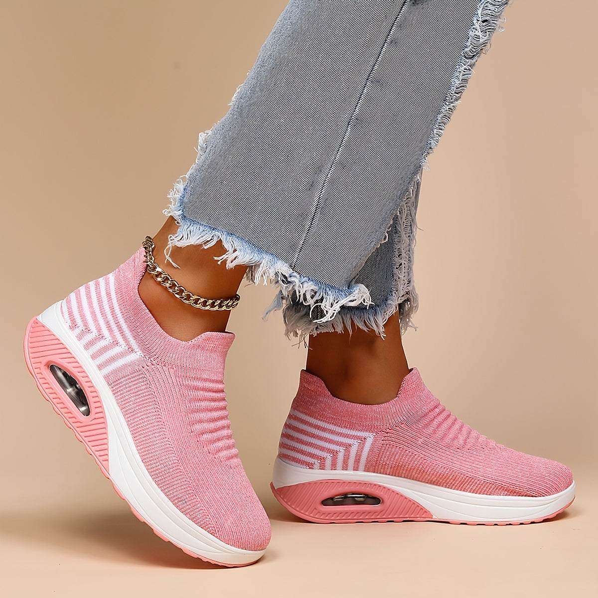 Women's Knit Slip On Sneakers Air Cushion Sole Low Top Sport Shoes