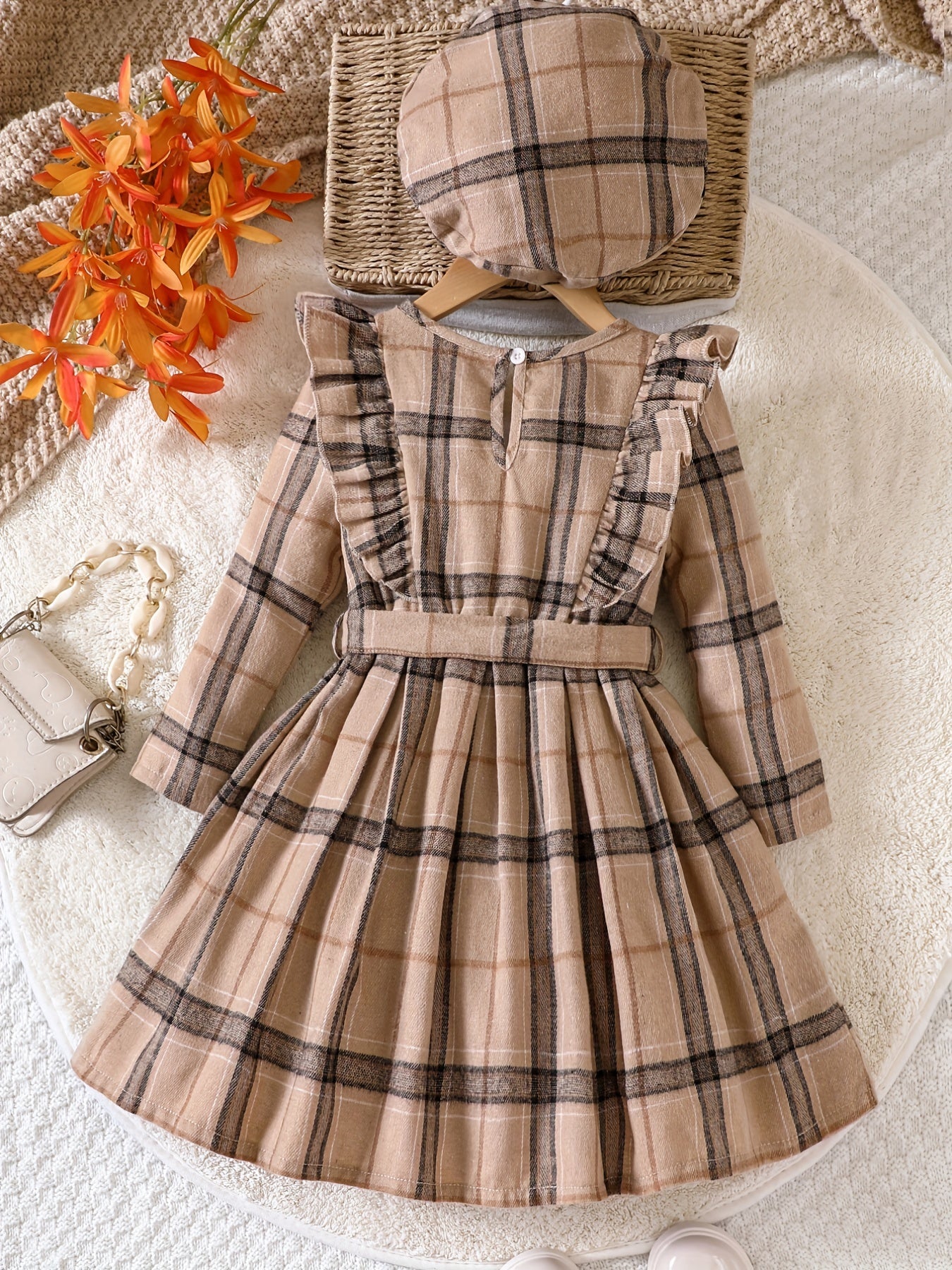 Girls' Plaid Ruffle Trim Dress Set with Hat