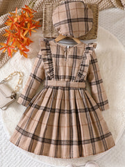 Girls' Plaid Ruffle Trim Dress Set with Hat
