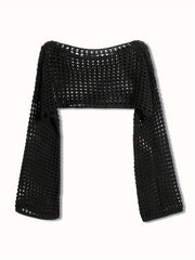 Casual Sweater Women Solid Hollow Bell Sleeve Crop Jumper