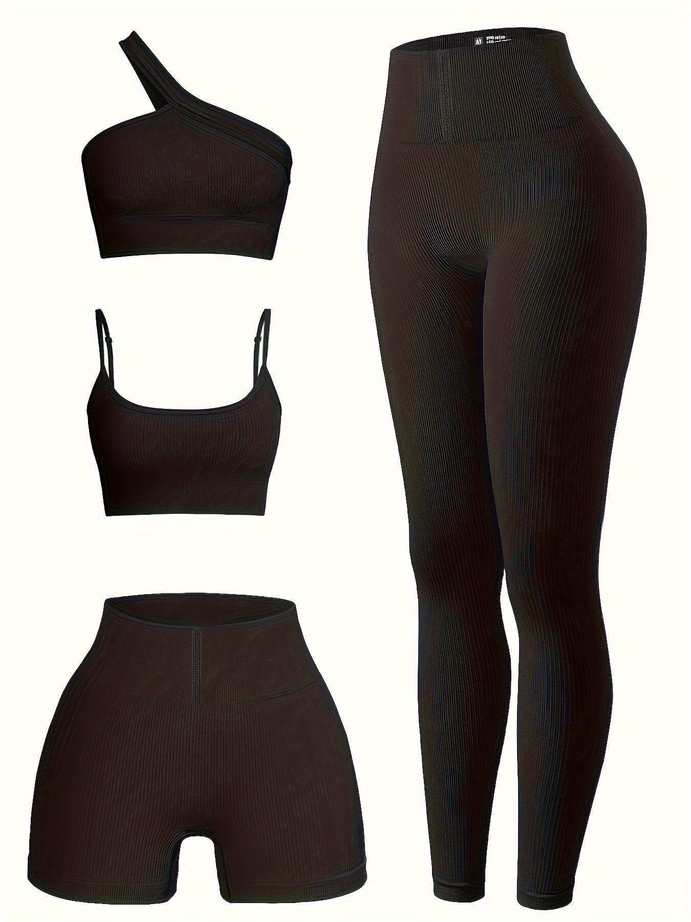 4pcs Yoga Workout Set One Shoulder & Cami Sports Bra & Shorts & Leggings