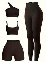 4pcs Yoga Workout Set One Shoulder & Cami Sports Bra & Shorts & Leggings