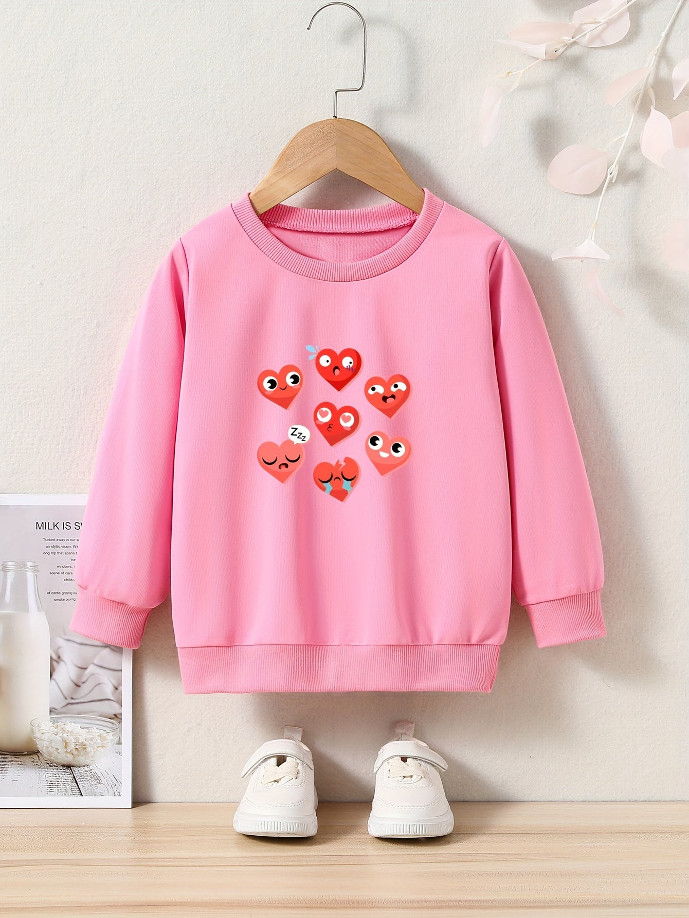 Hearts Print Girls Casual Pullover Sweatshirt Long Sleeve Crew Neck Tops