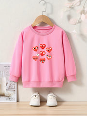 Hearts Print Girls Casual Pullover Sweatshirt Long Sleeve Crew Neck Tops