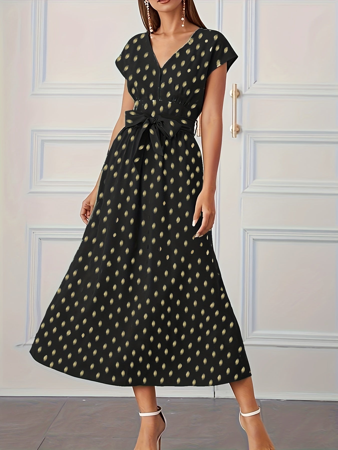Plus Dot Print Cap Sleeve V Neck Maxi Dress With Belt