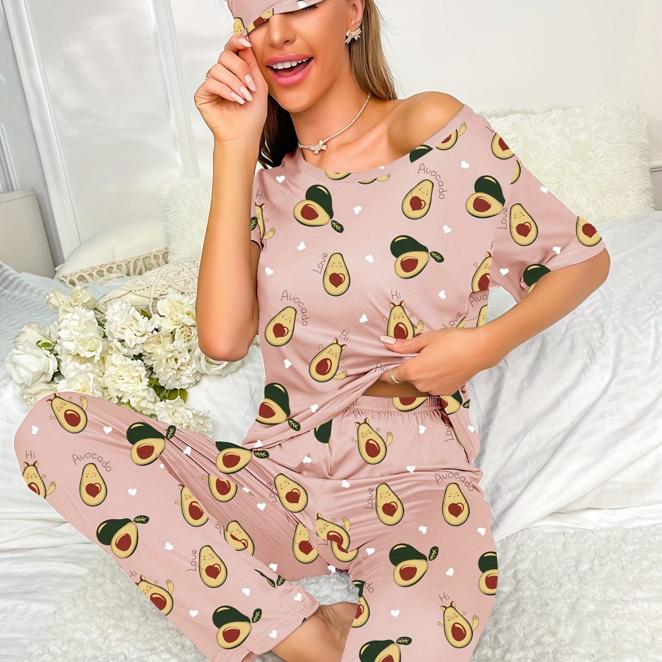 Women's Fruit Print Two piece Pajama Set Short Sleeve Tops & Pants