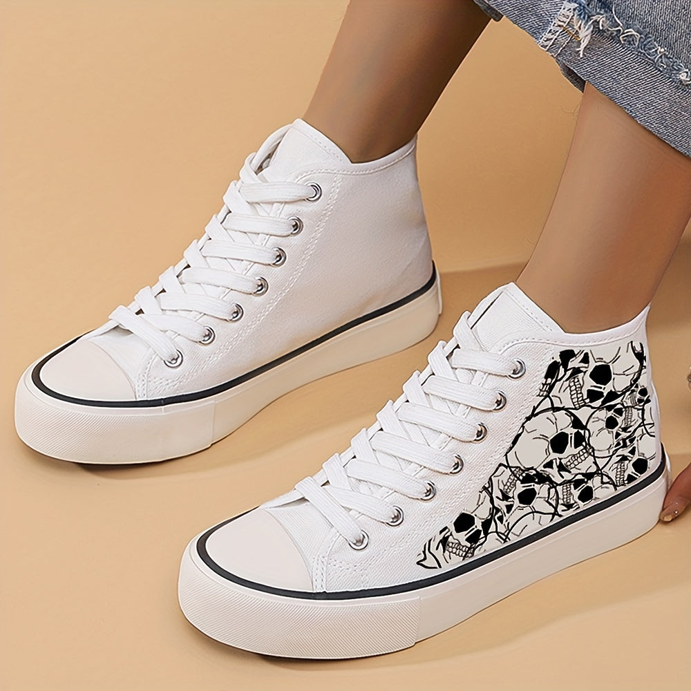 Skull Print High Top Canvas Sneakers Lace Up Skate Shoes