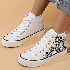 Skull Print High Top Canvas Sneakers Lace Up Skate Shoes