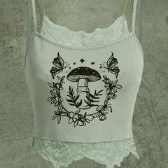 Mushroom Lace Trim Cami Top Sleeveless Summer Top