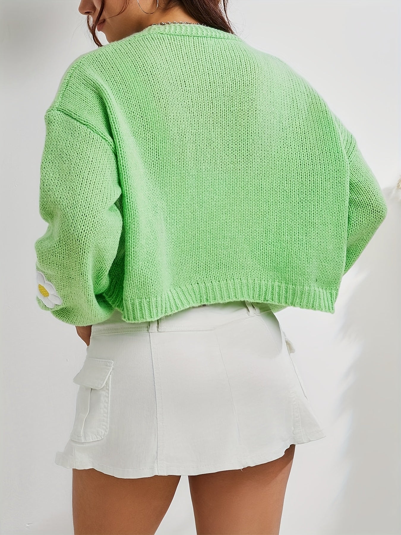 Y2K Floral Embroidered Knit Cardigan Open Front Long Sleeve Cropped Sweater