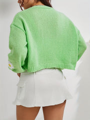 Y2K Floral Embroidered Knit Cardigan Open Front Long Sleeve Cropped Sweater