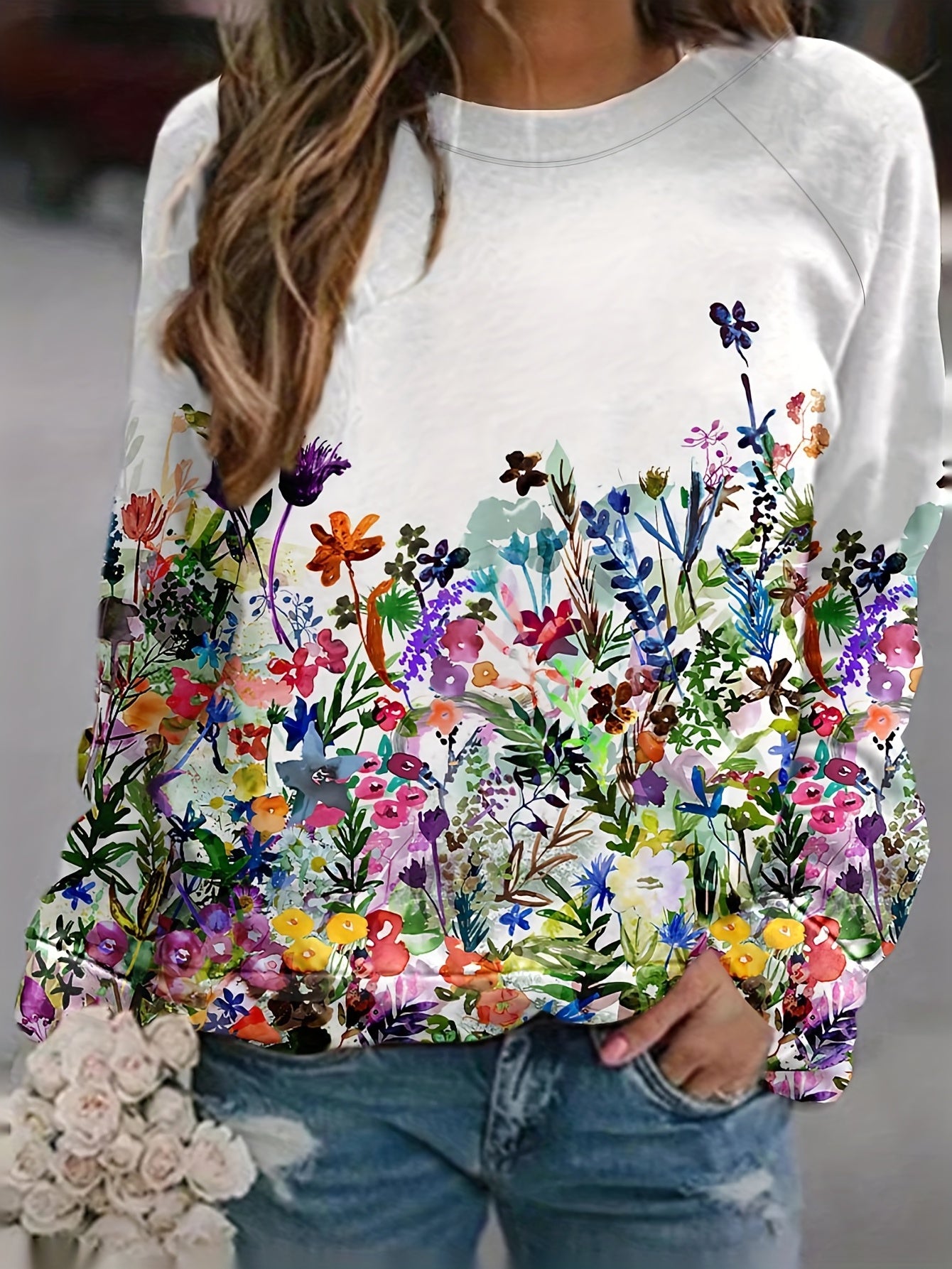 Floral Print Pullover Sweatshirt Long Sleeve Crew Neck Spring Fall Casual Swea