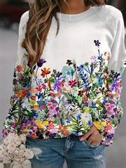 Floral Print Pullover Sweatshirt Long Sleeve Crew Neck Spring Fall Casual Swea