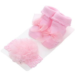 Baby Girls Bow Flowers Decor Sock & Headband Set For Infants