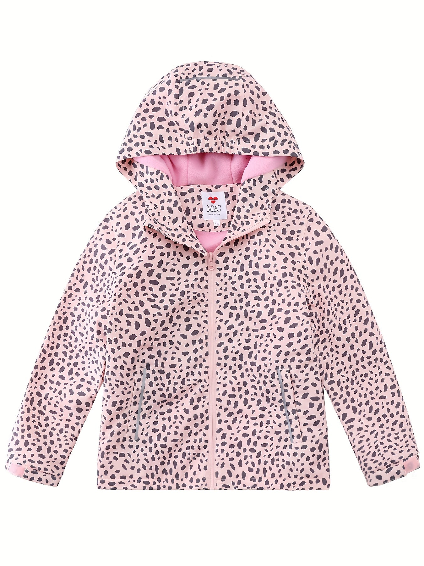 Girls Leopard Print Hooded Jacket Waterproof Windproof Fleece Lining