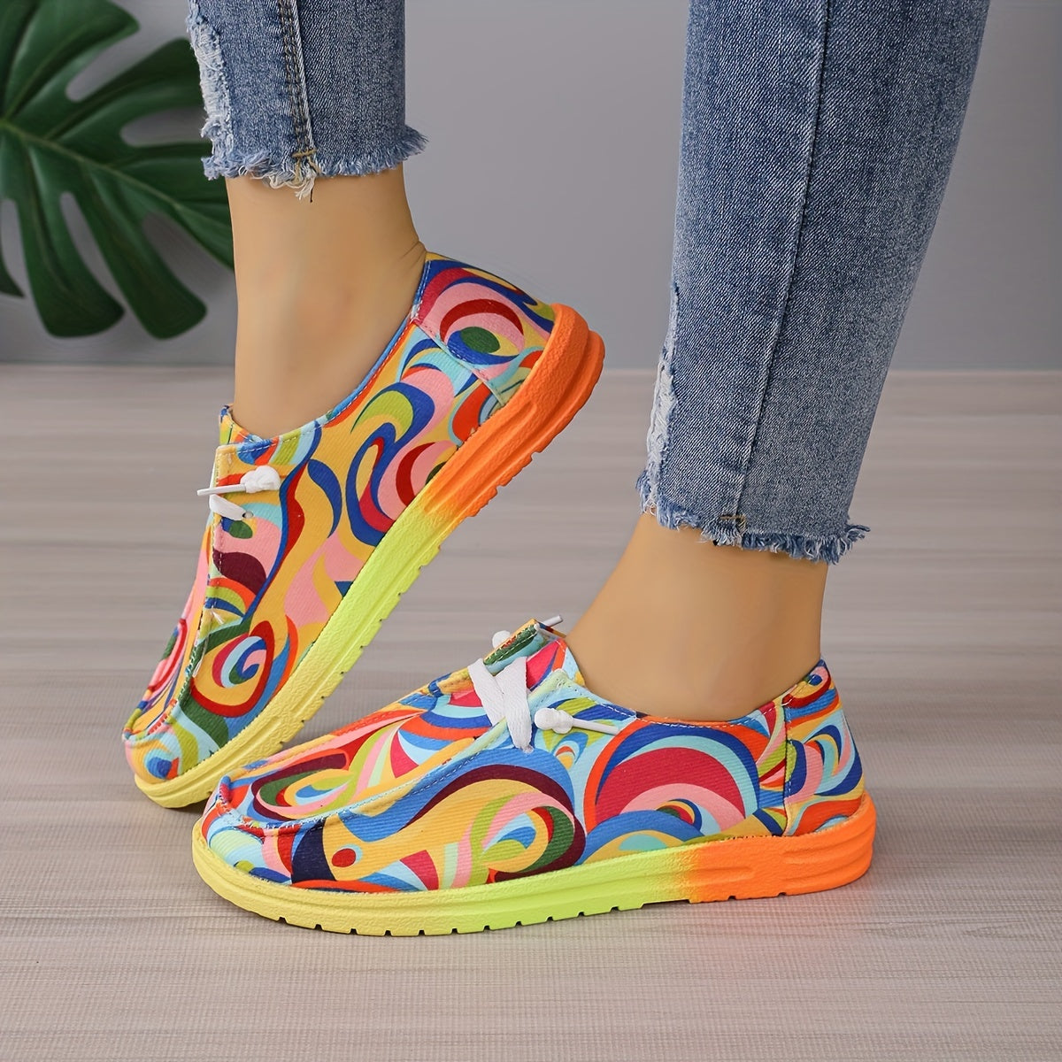 Women's Abstract Canvas Shoes Round Toe Low Top Slip On Sneakers