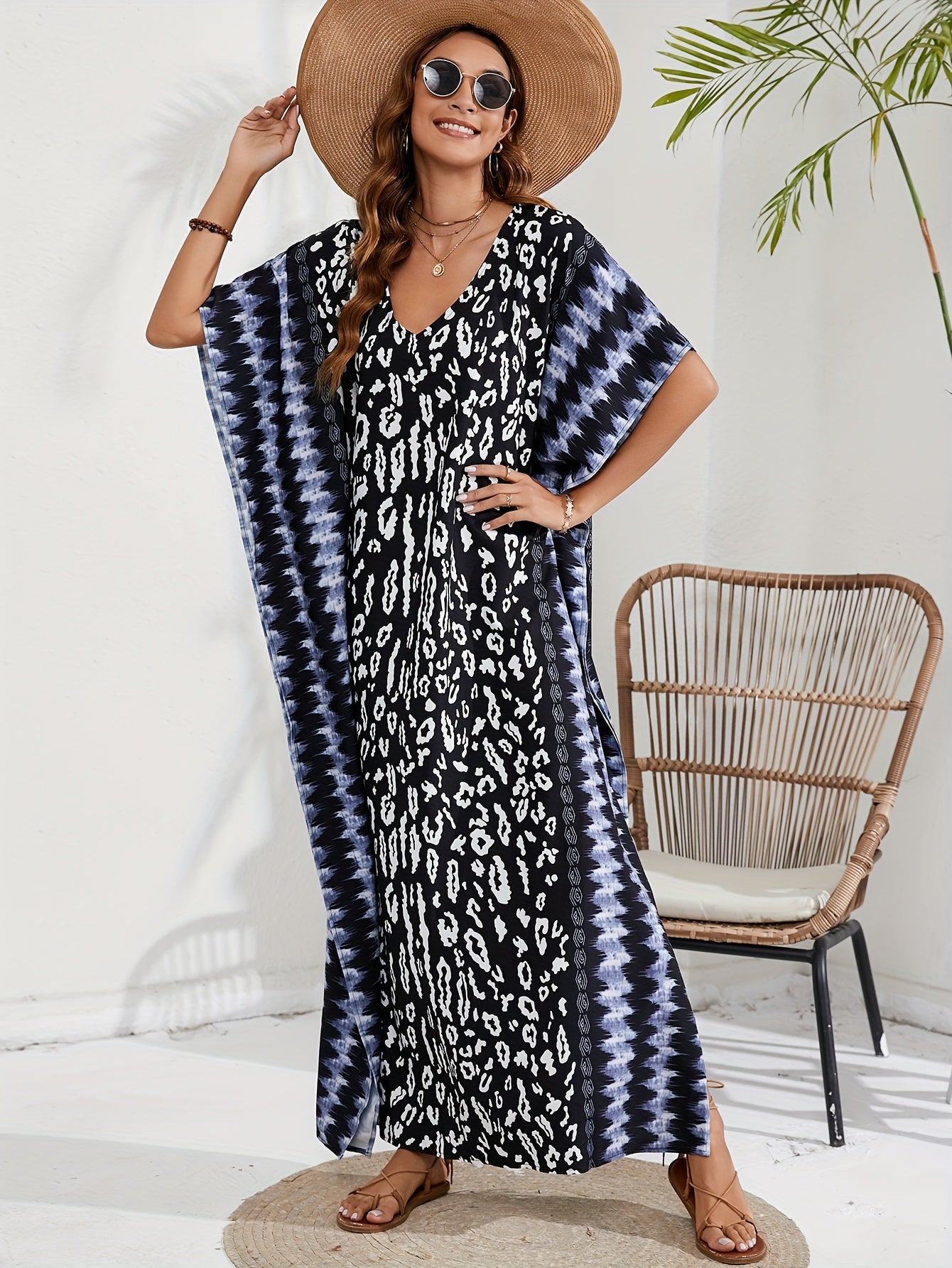 Boho Leopard & Tie Dye Maxi Split Cover Up Dress