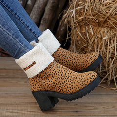 Leopard Print Winter Snow Boots Side Zipper Chunky Block Heel Ankle Boots
