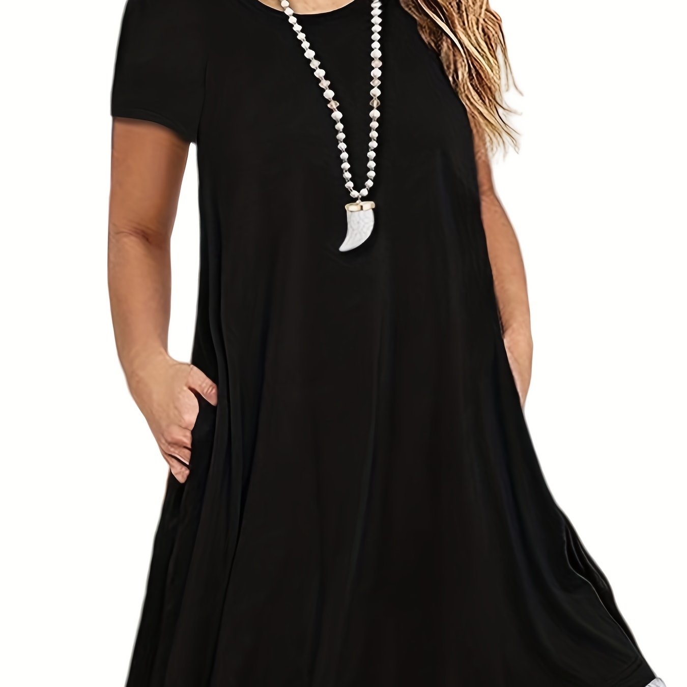 Casual Dress Women's Plus Contrast Lace Trim Short Sleeve Round Neck