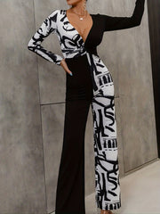 Block V Neck Jumpsuit Long Sleeve Sexy
