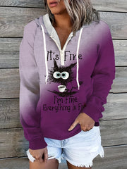 Cat Print Zip Hoodie Long Sleeve Hoodie